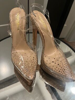 Fashion Nova Nude Rhinestone Clear Slingback Heels with Gold Glitter Platform